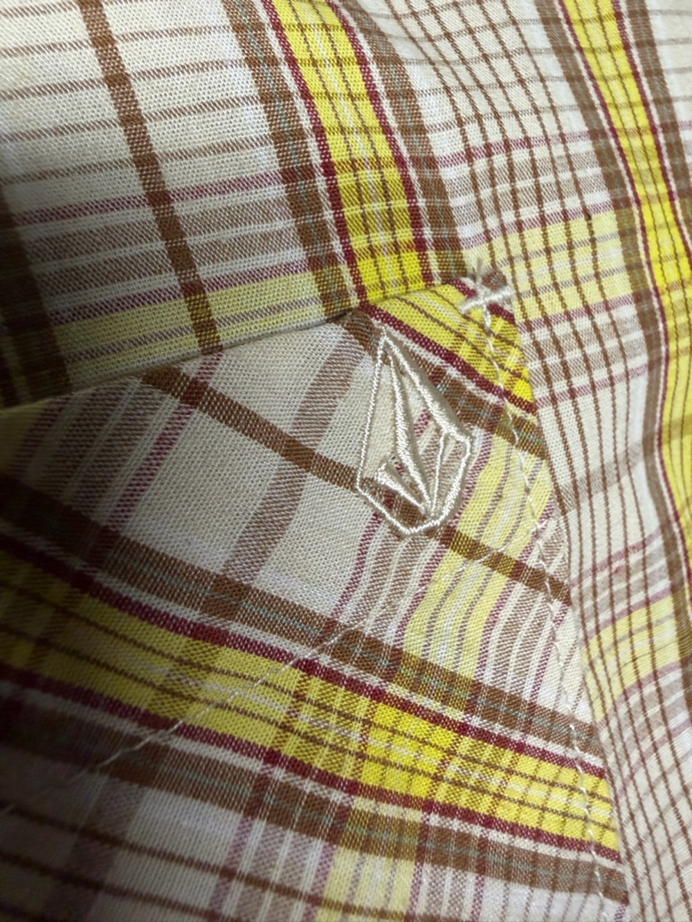 Volcom Men's Yellow and Brown Plaid Short Sleeve Button-Up Shirt - Picture 9 of 16